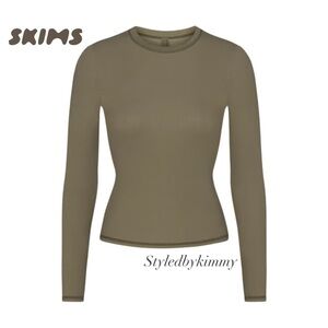 Skims Cotton Rib Long Sleeve Shirt Top Army Green Small S New NWT